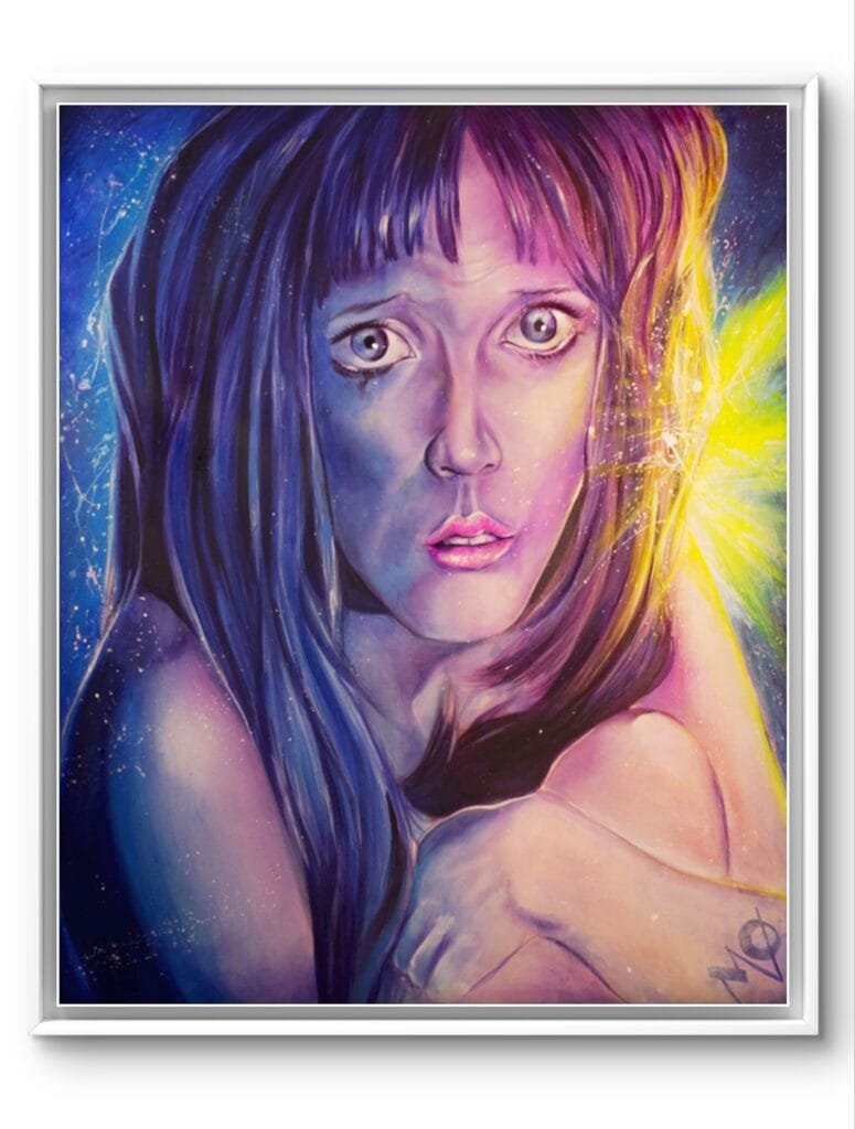 Portrait féminin expressif en bleu et violet