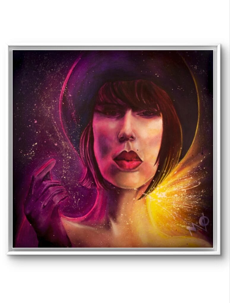 Portrait féminin sombre avec chapeau et lèvres rouges