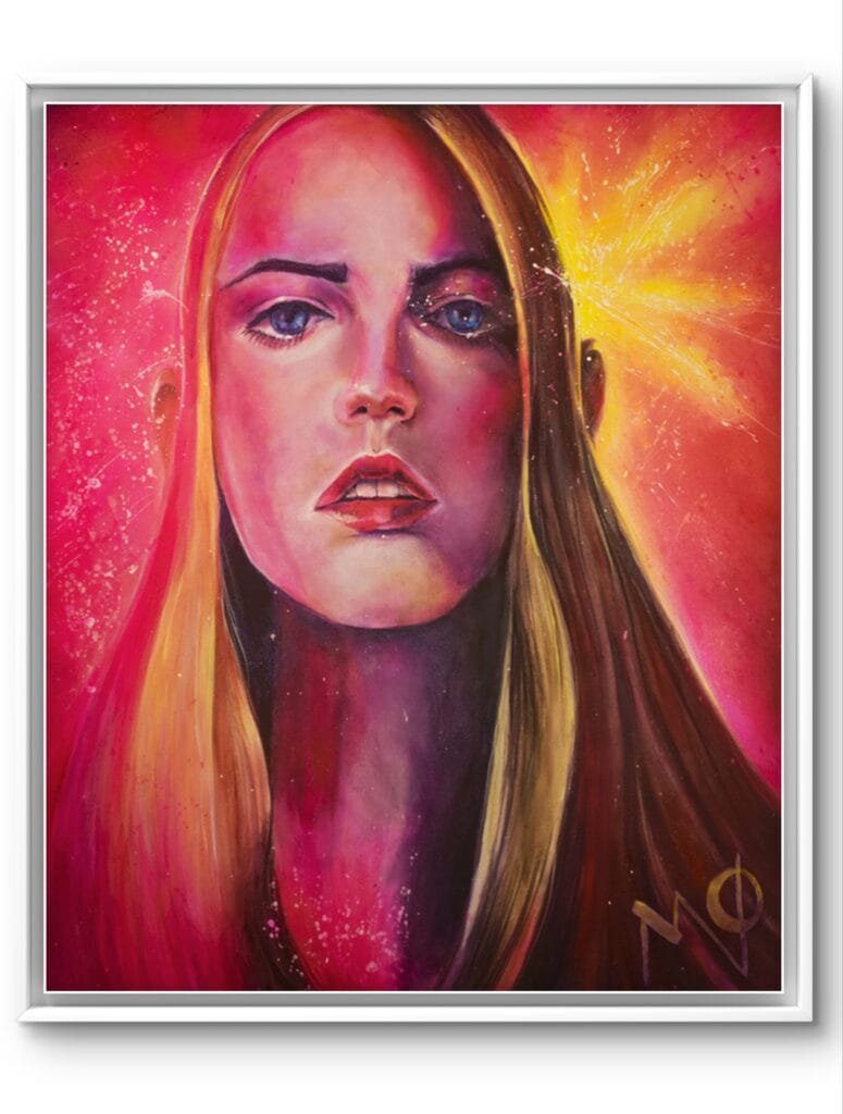 Portrait féminin lumineux sur fond rouge et jaune