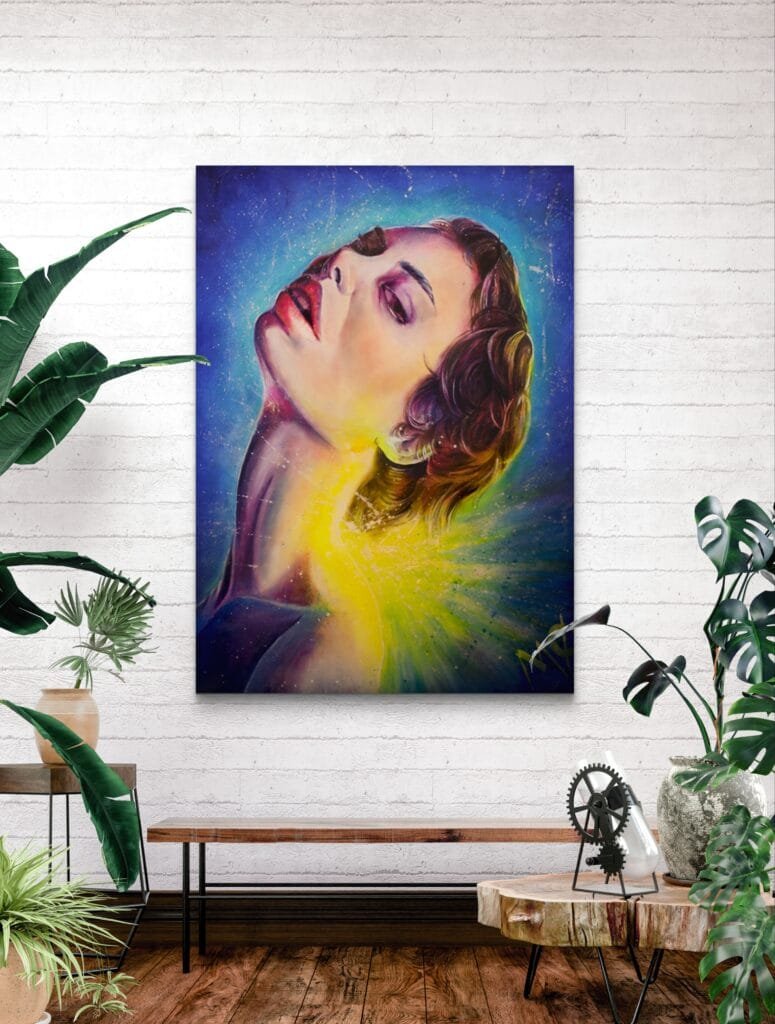 Toile Waiting accrochée dans un salon moderne