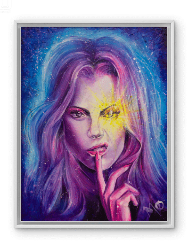 Portrait coloré femme mystique à l’huile et acrylique
