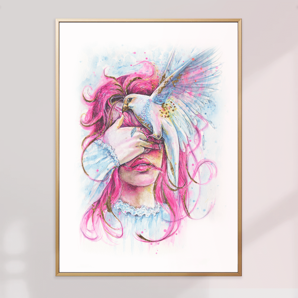 Affiche aquarelle poétique femme et oiseau – illustration artistique