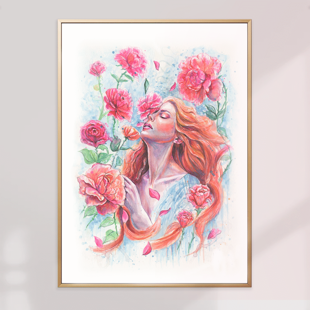 Affiche fleurs stylisées aquarelle femme et pivoines – illustration artistique