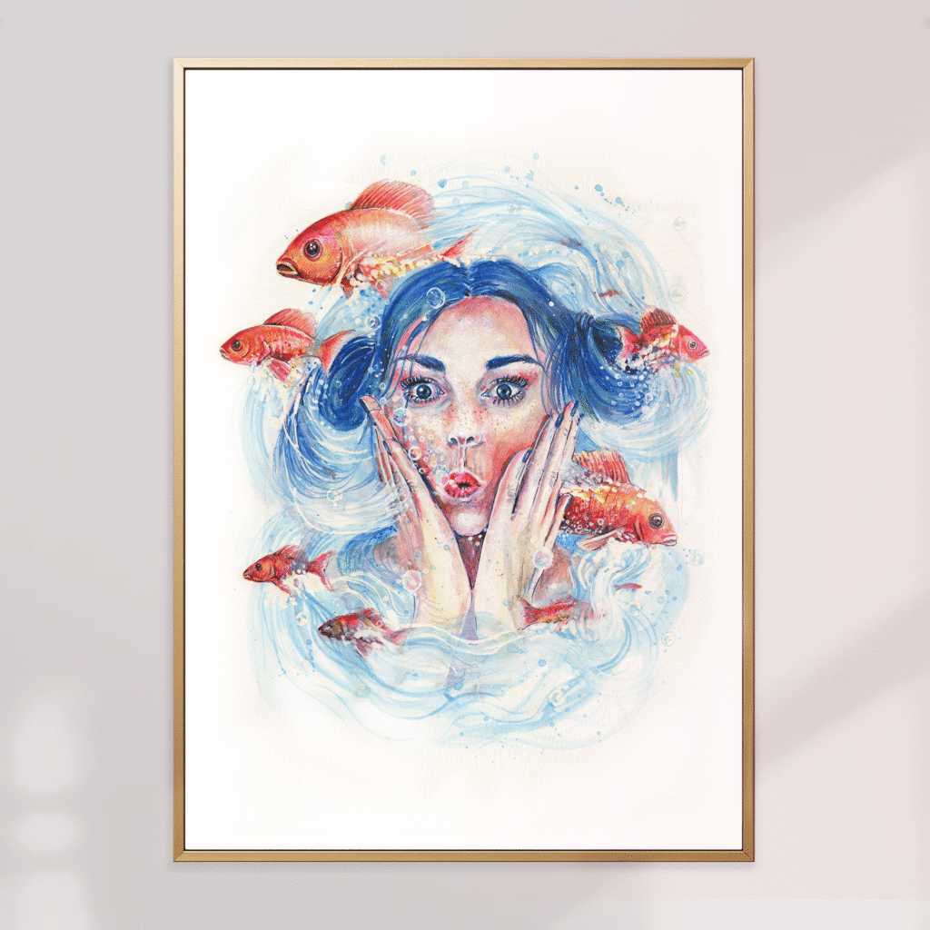 Œuvre aquarelle originale - Affiche - femme et poissons surpris
