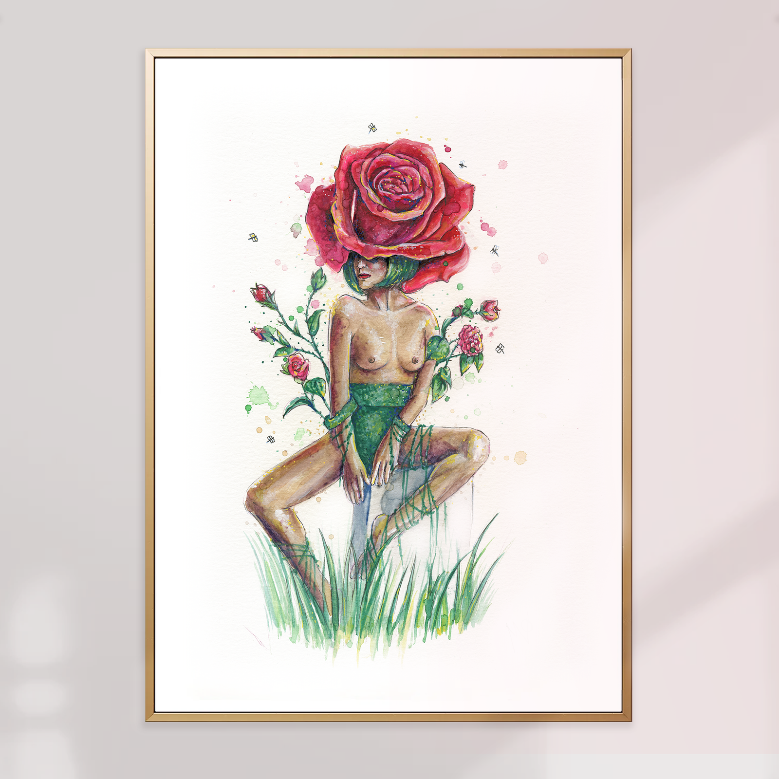 Affiche aquarelle femme et rose rouge – illustration artistique
