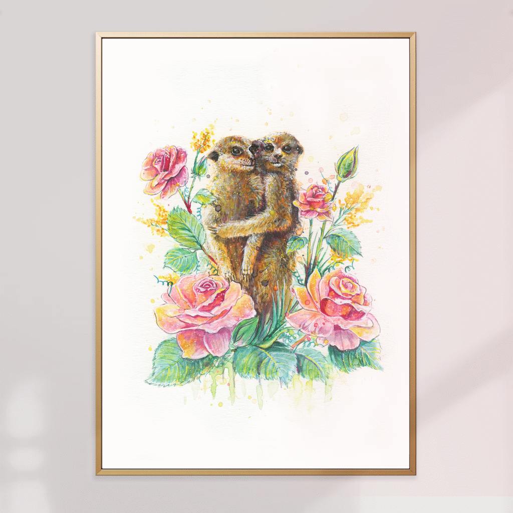 Affiche aquarelle animaux - deux suricates et fleurs