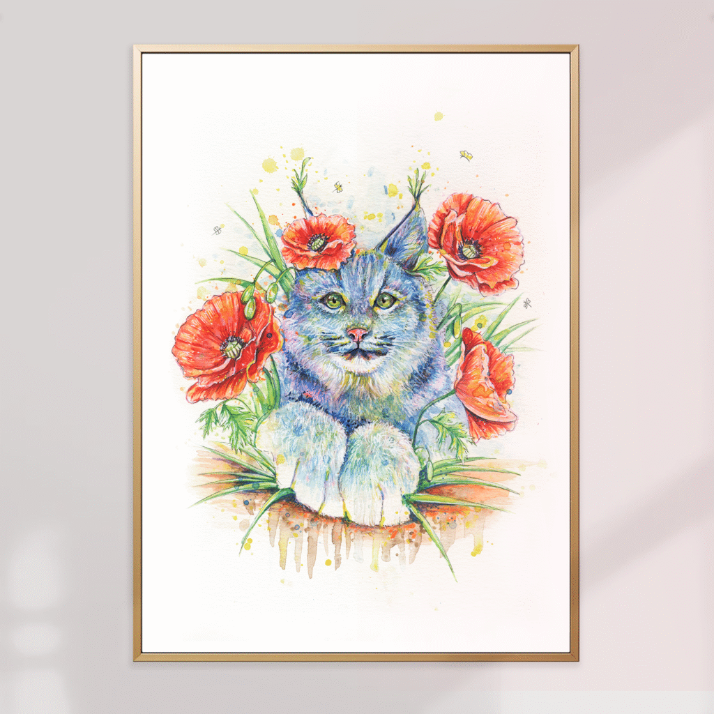Affiche botanique aquarelle - lynx et fleurs