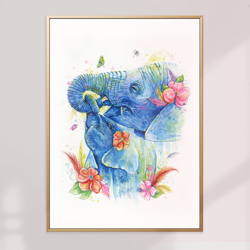 Affiche murale aquarelle éléphants et fleurs