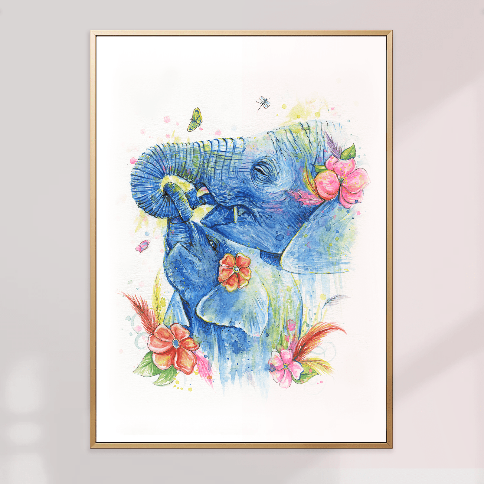 Affiche murale aquarelle éléphants et fleurs