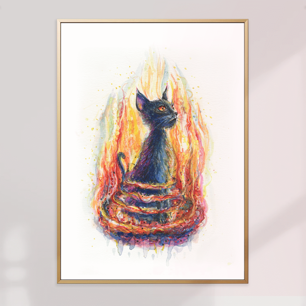 Affiche chat et flammes – illustration artistique