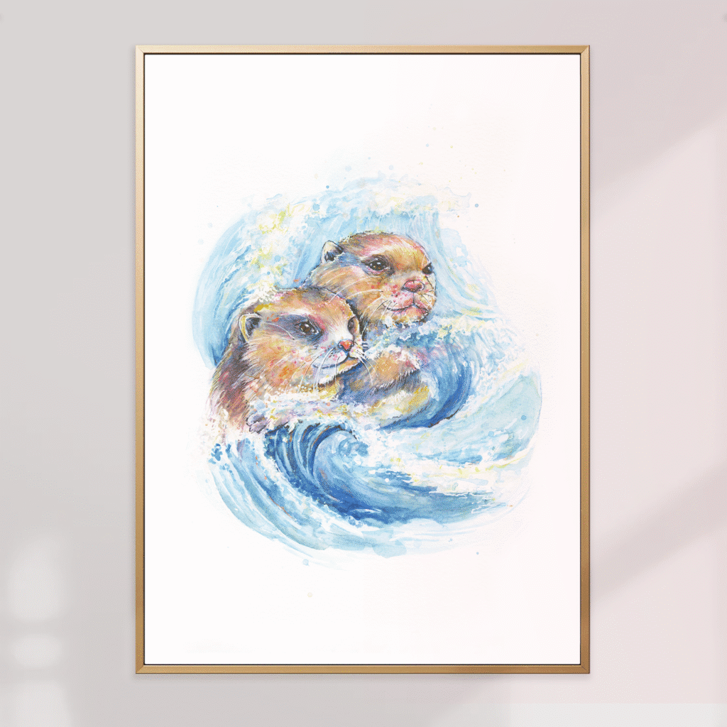 Illustration mignonne - Affiche aquarelle deux loutres dans une vague