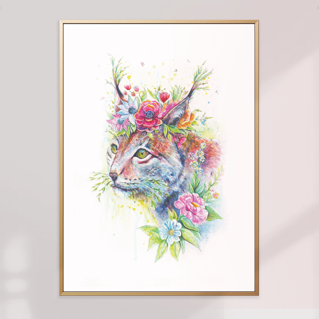 Affiche murale aquarelle - Droit devant (lynx fleuri)