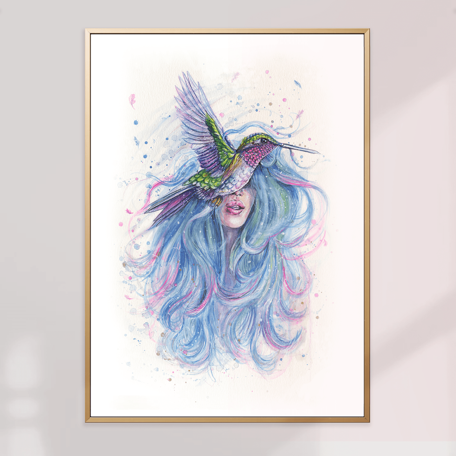Affiche aquarelle oiseau - femme avec colibri - illustration artistique