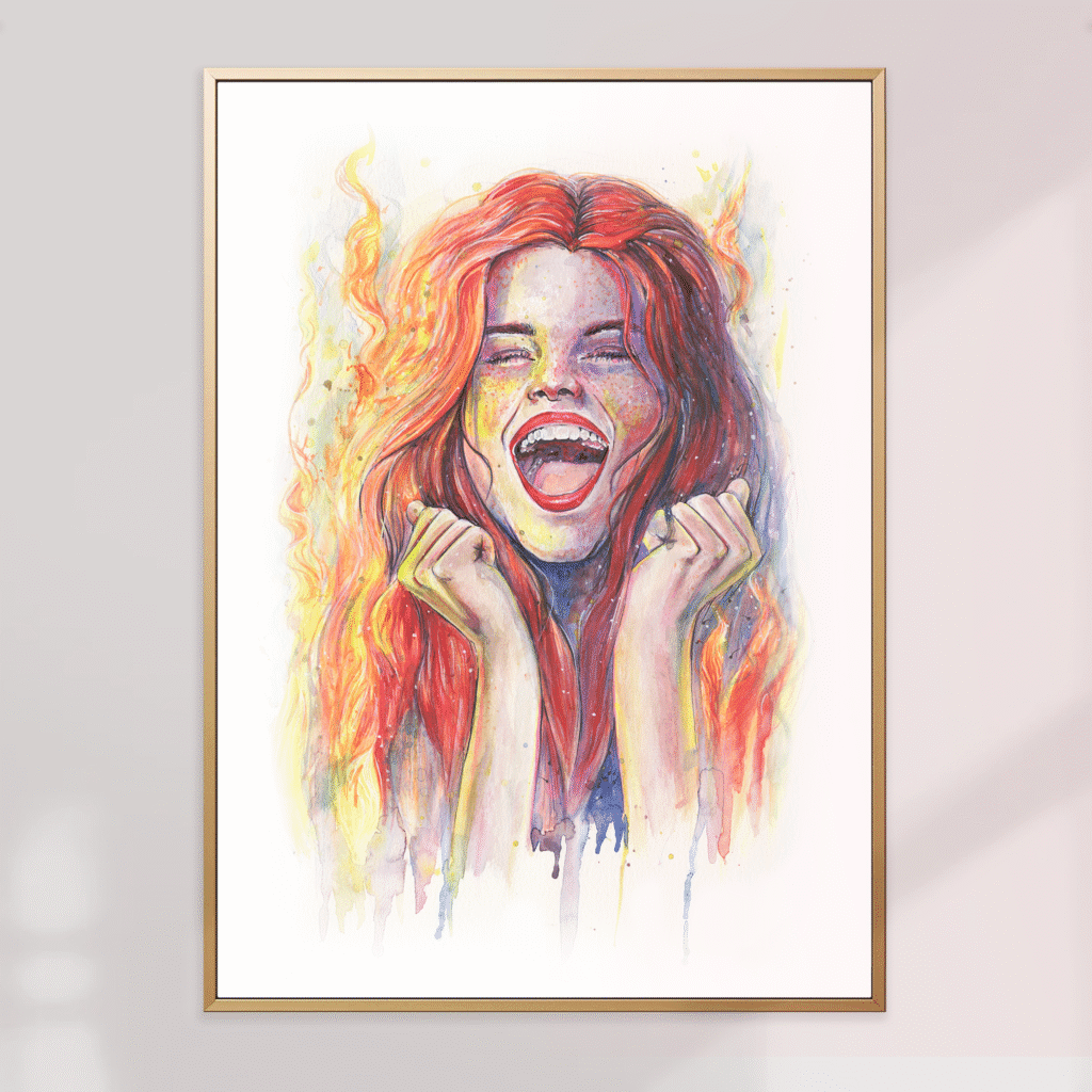 Affiche aquarelle femme - femme et flammes