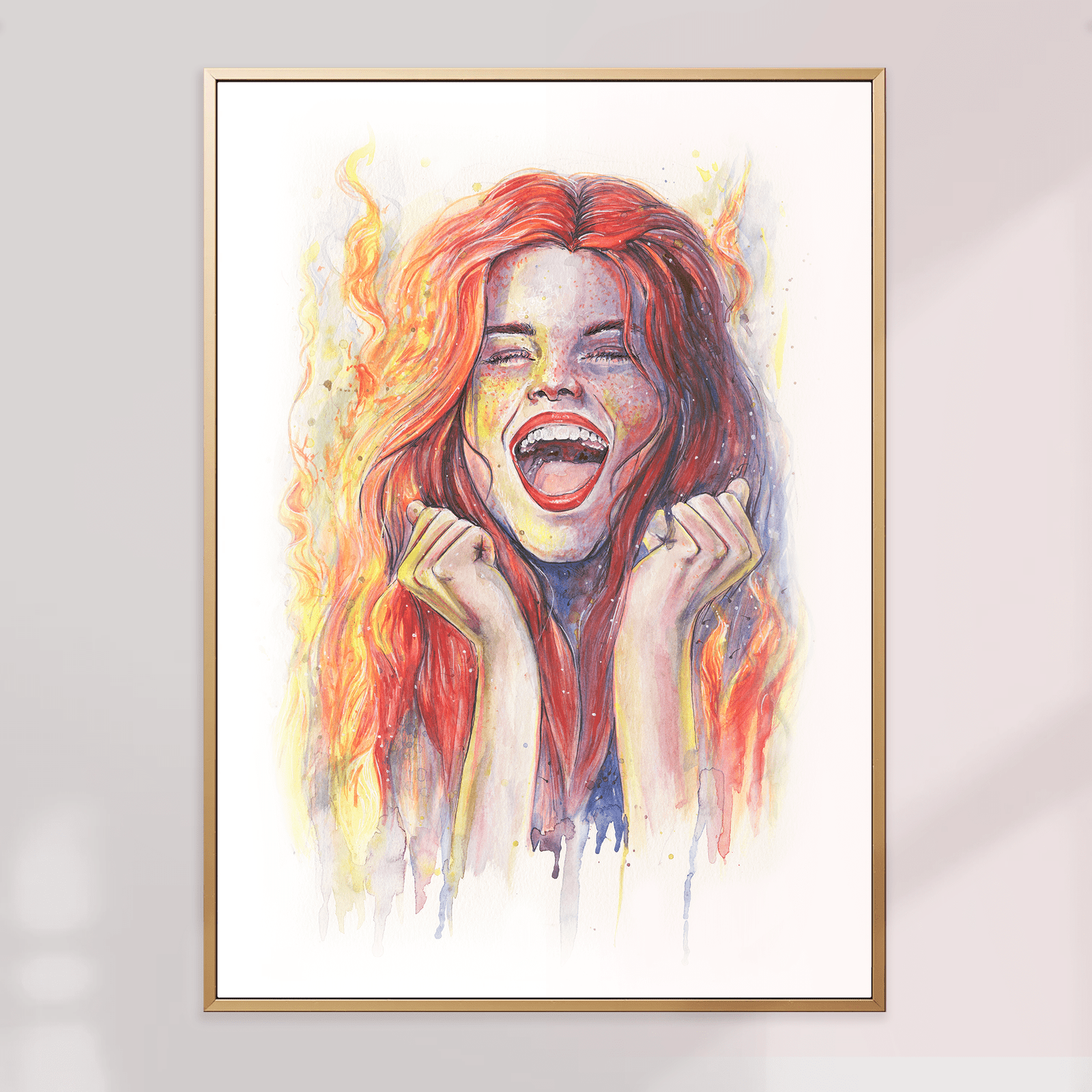Affiche aquarelle femme - femme et flammes
