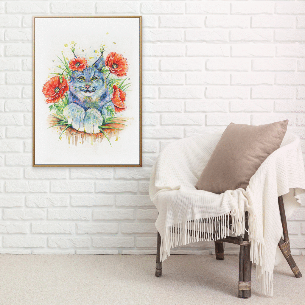 Affiche murale lynx et fleurs encadrée – décoration aquarelle