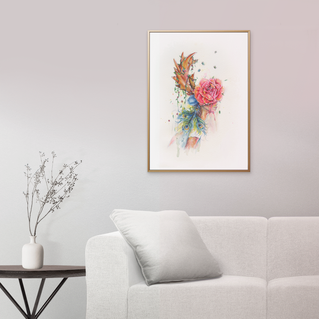 Affiche murale femme et panache encadrée – décoration aquarelle