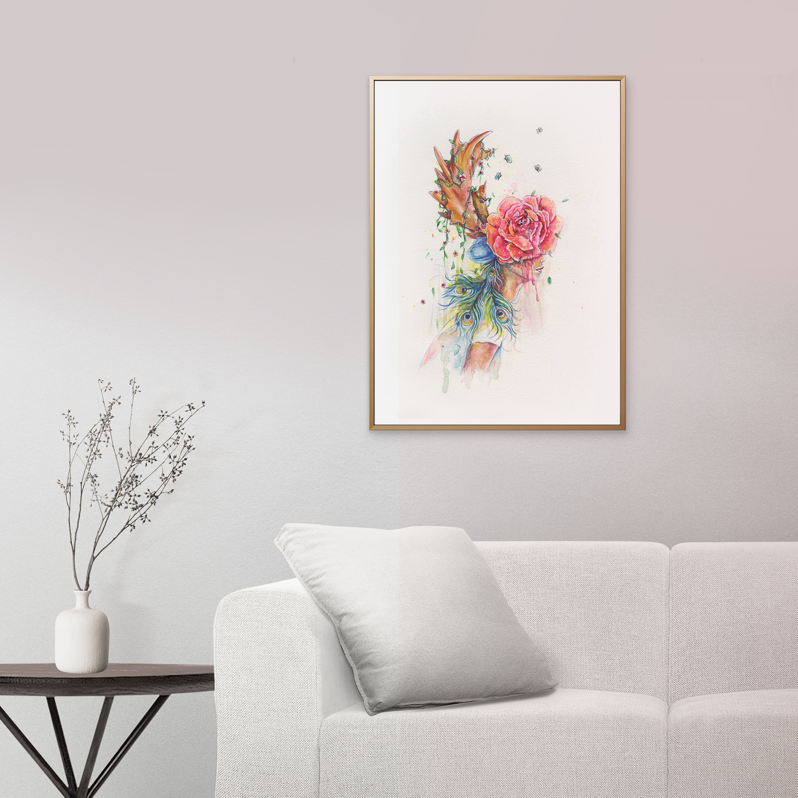 Affiche murale femme et panache encadrée – décoration aquarelle