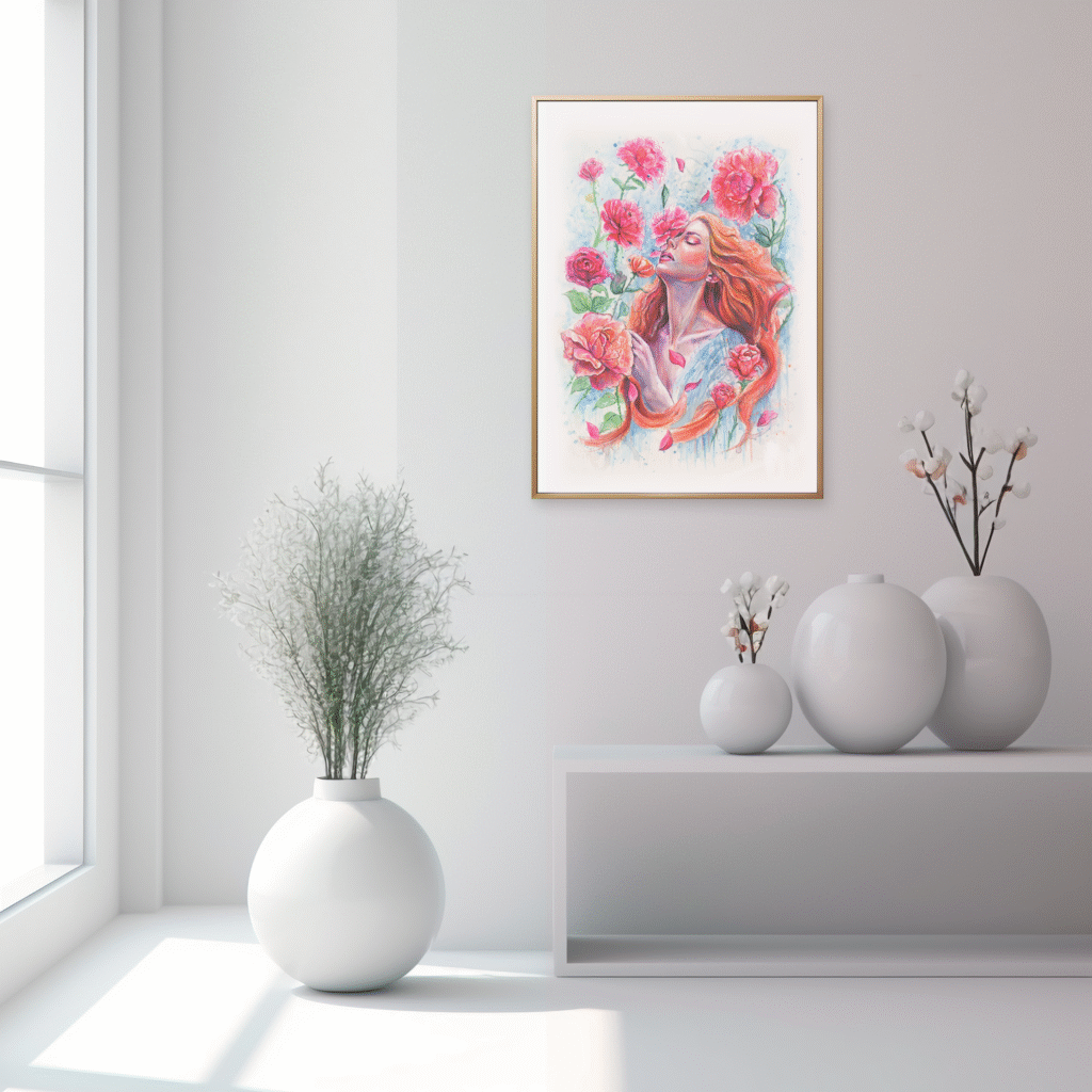 Affiche murale femme et pivoines encadrée – décoration aquarelle
