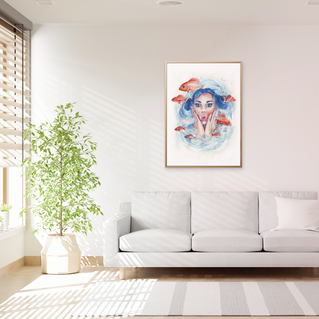 Affiche murale femme et poissons encadrée – décoration aquarelle