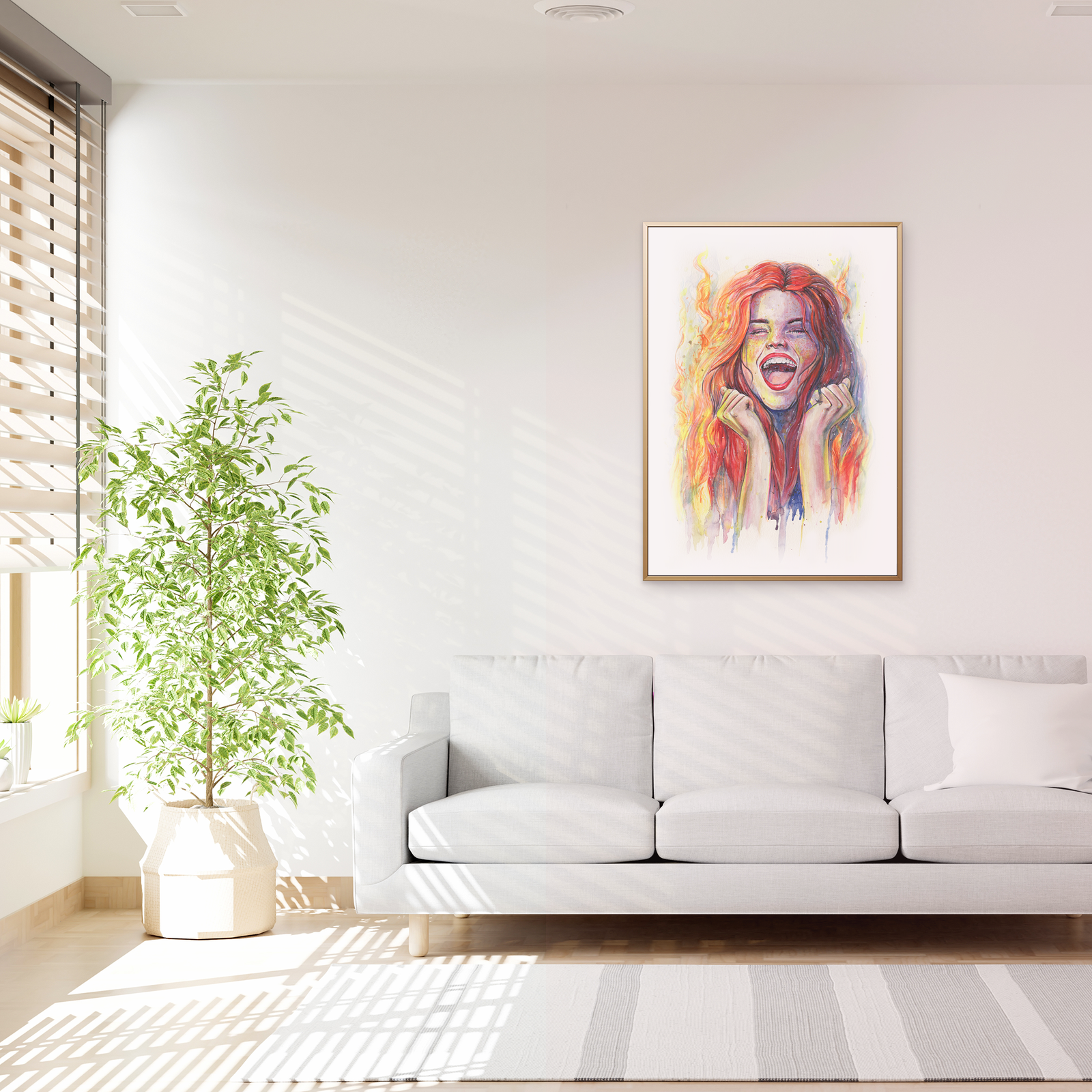 Affiche murale femme et flammes encadrée – décoration aquarelle