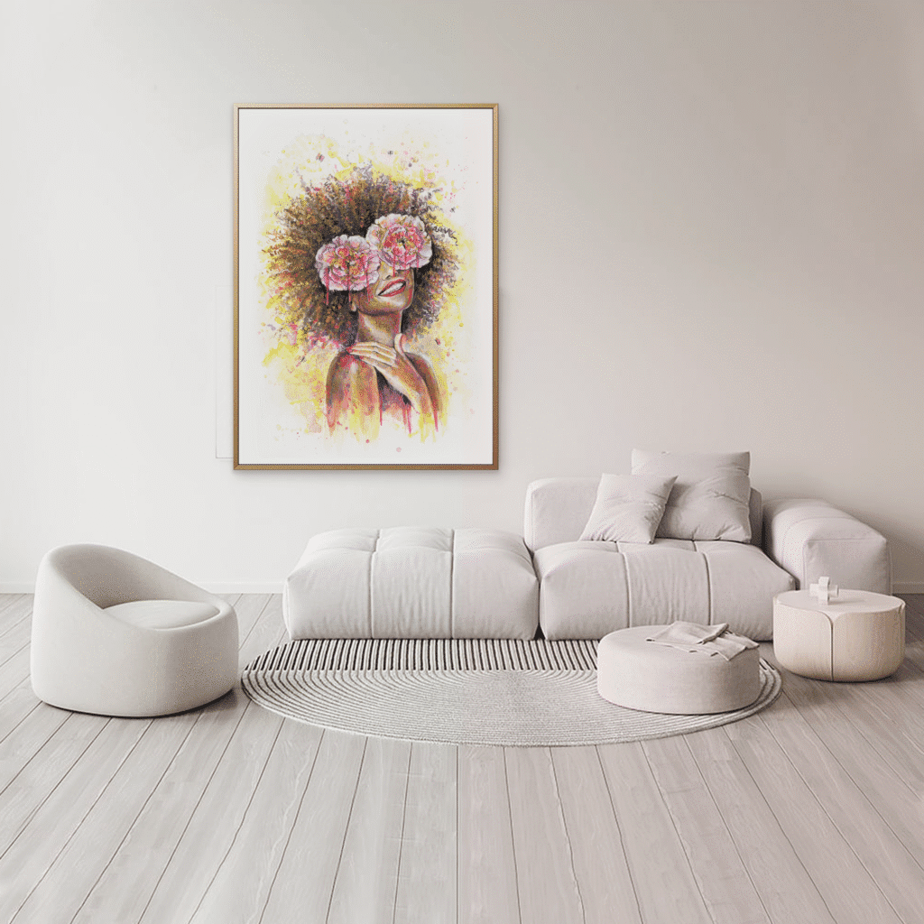 Affiche murale femme et fleurs encadrée – décoration aquarelle