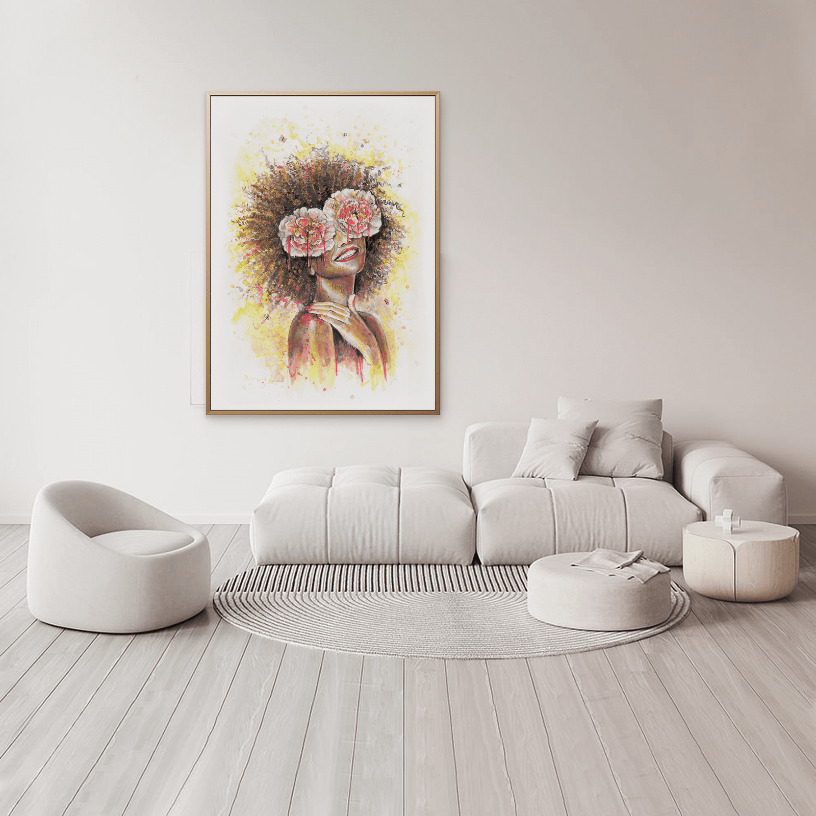 Affiche murale femme et fleurs encadrée – décoration aquarelle