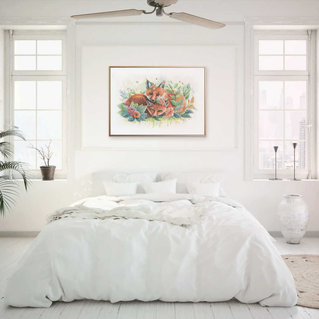 Affiche murale renards et fleurs encadrée – décoration aquarelle