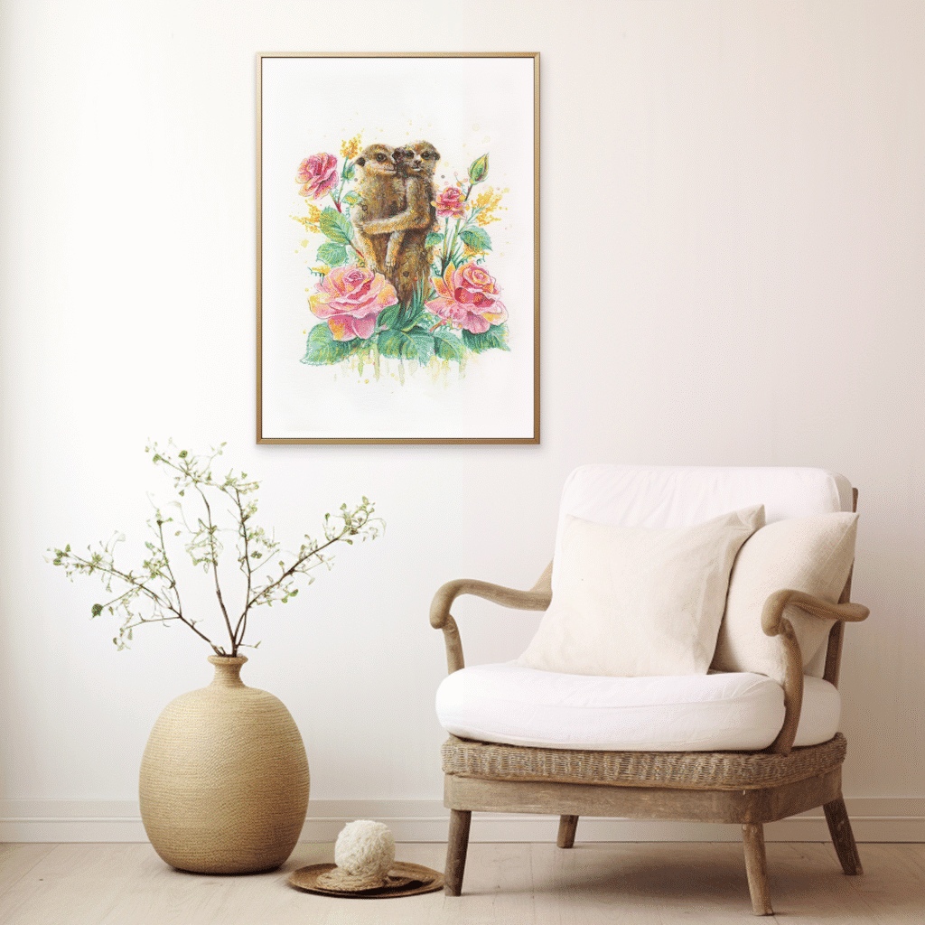 Affiche murale suricates et fleurs encadrée – décoration aquarelle