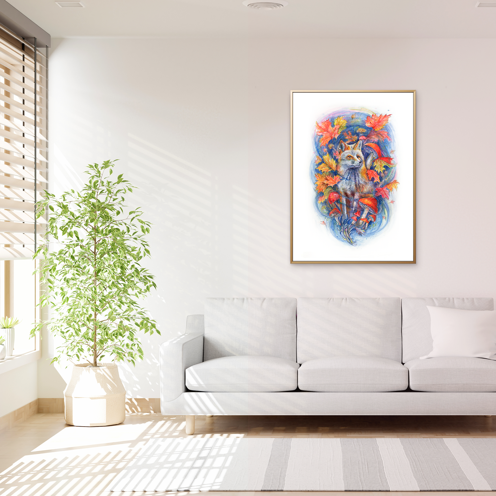 Affiche murale renard et feuilles encadrée – décoration aquarelle