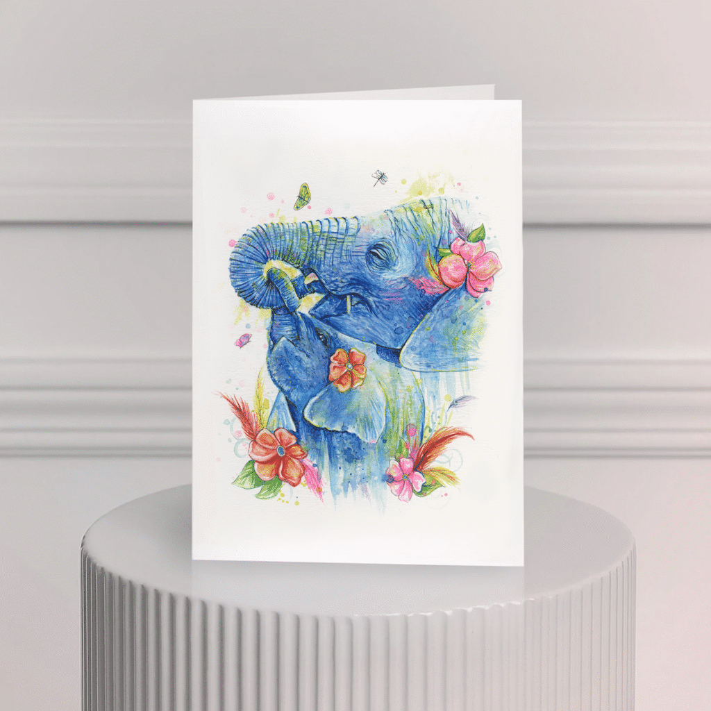 Carte de souhait aquarelle – éléphants et fleurs