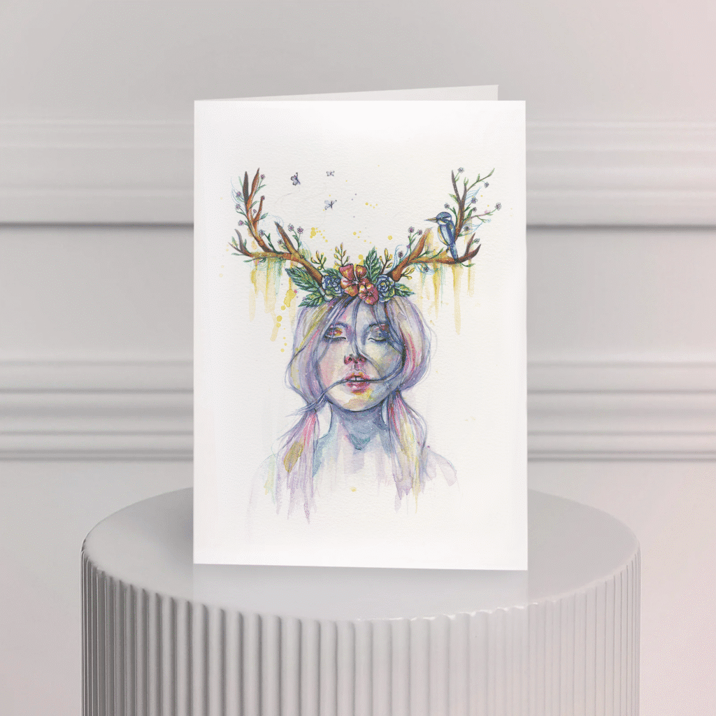 Carte de souhait aquarelle – femme avec panache de bois