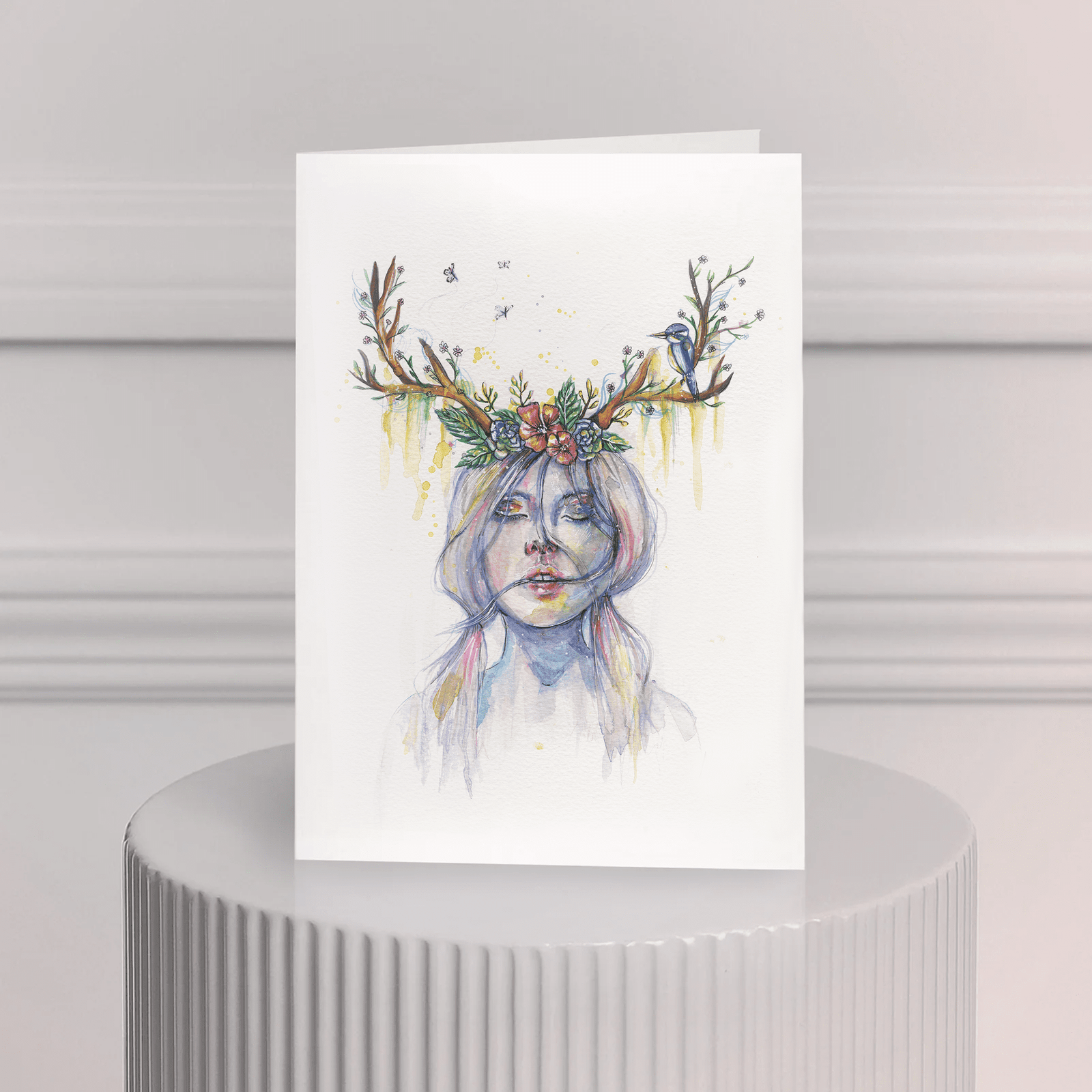 Carte de souhait aquarelle – femme avec panache de bois