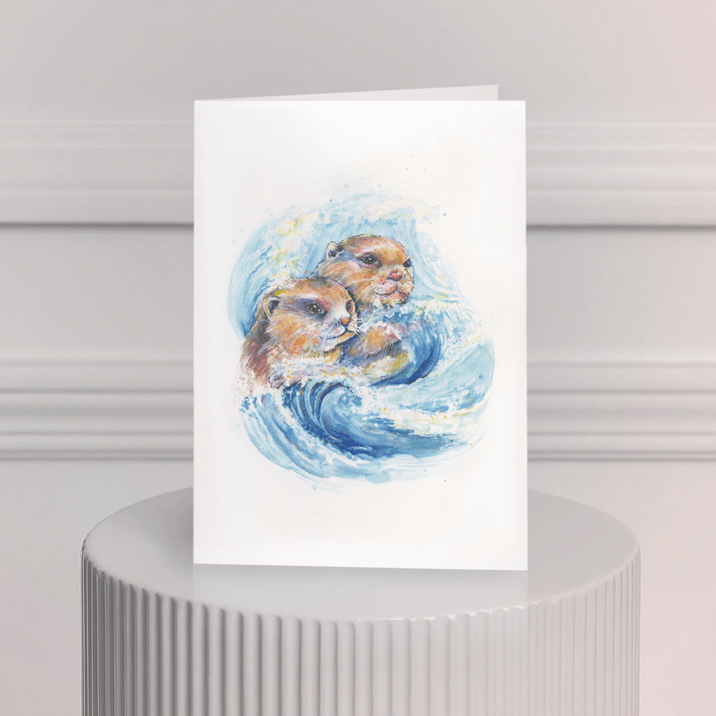Carte de souhait aquarelle – deux loutres et vague