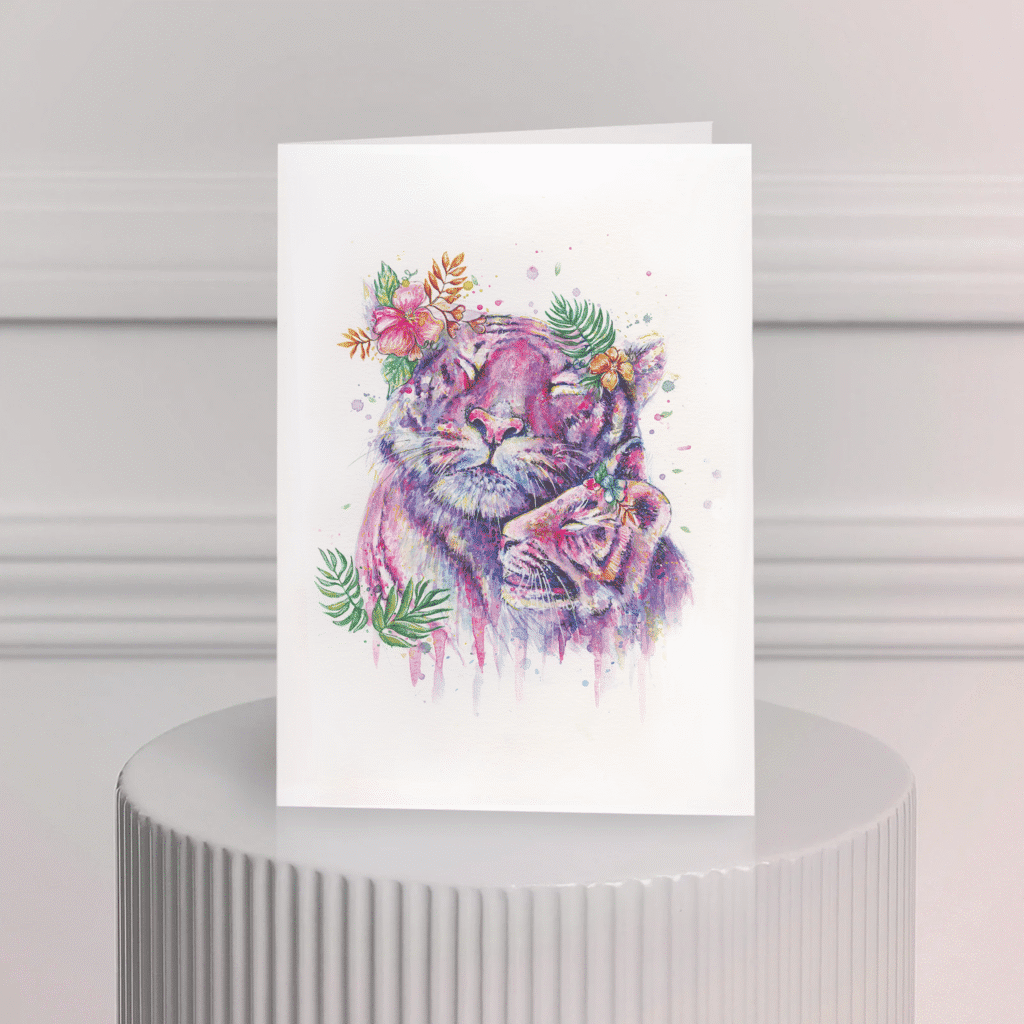Carte de souhait aquarelle – tigre et fleurs