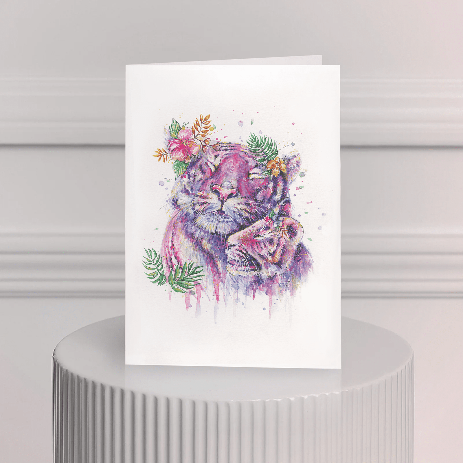 Carte de souhait aquarelle – tigre et fleurs