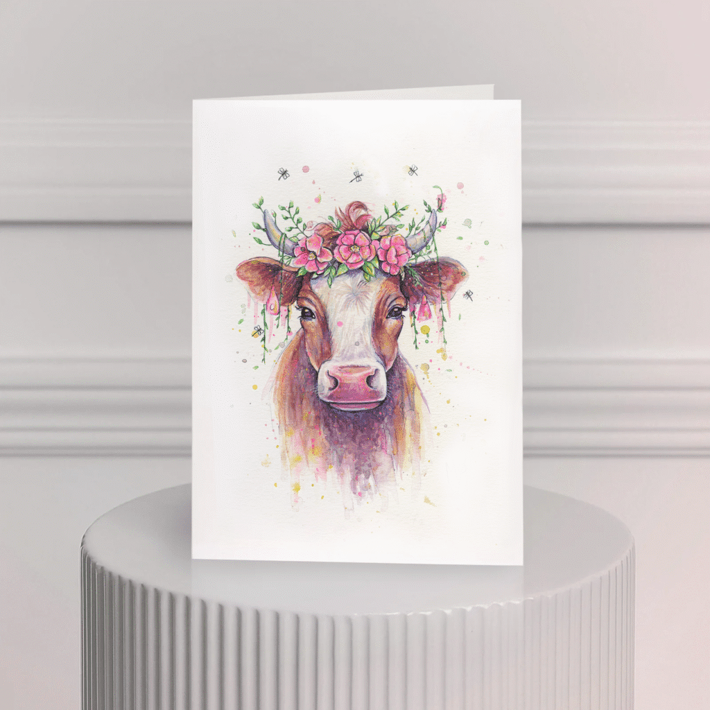 Carte de souhait aquarelle – vache fleurie