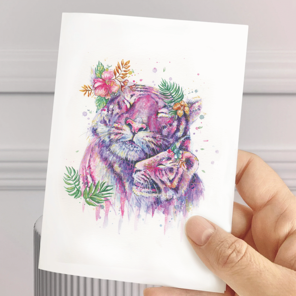 Carte de souhait aquarelle – tigre et fleurs colorées
