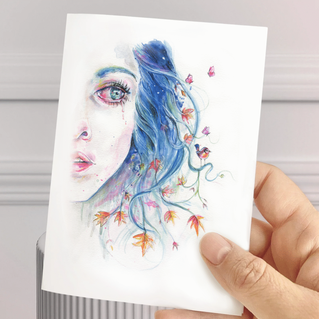 Carte de souhait aquarelle – femme cheveux bleus