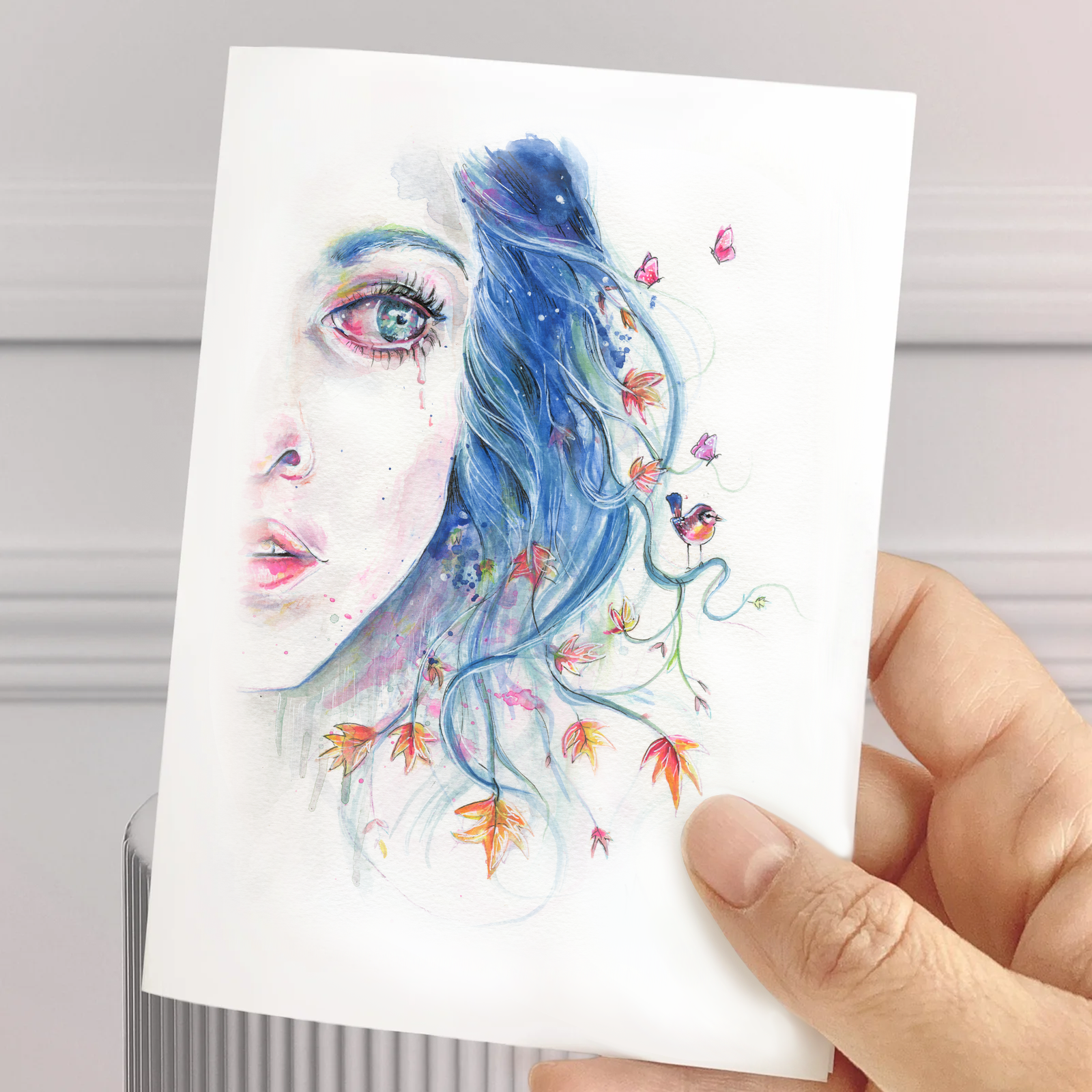 Carte de souhait aquarelle – femme cheveux bleus