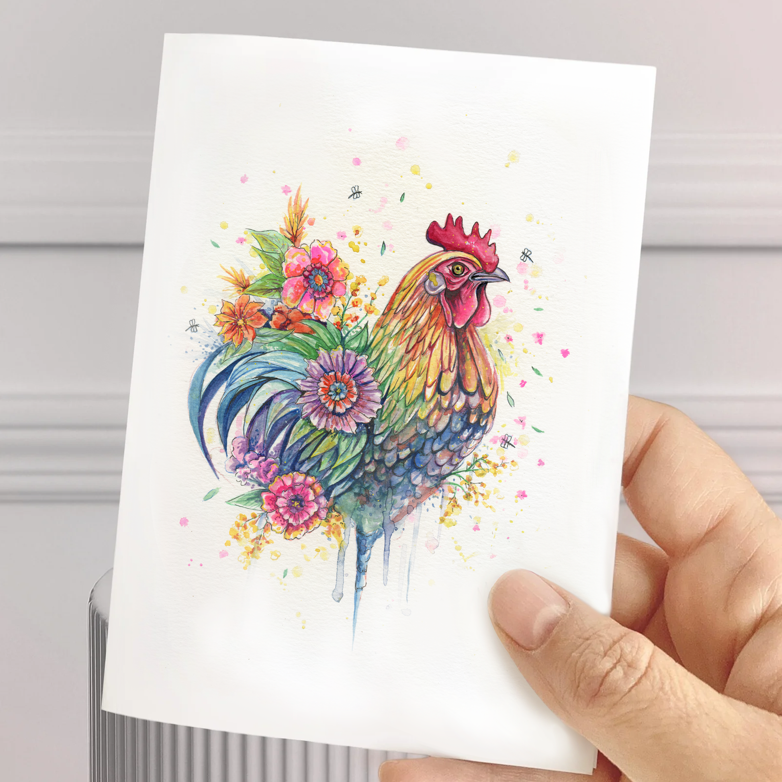Carte de souhait aquarelle – coq coloré