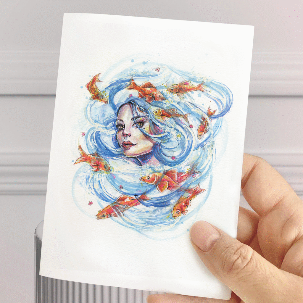 Carte de souhait aquarelle – femme cheveux d'océan