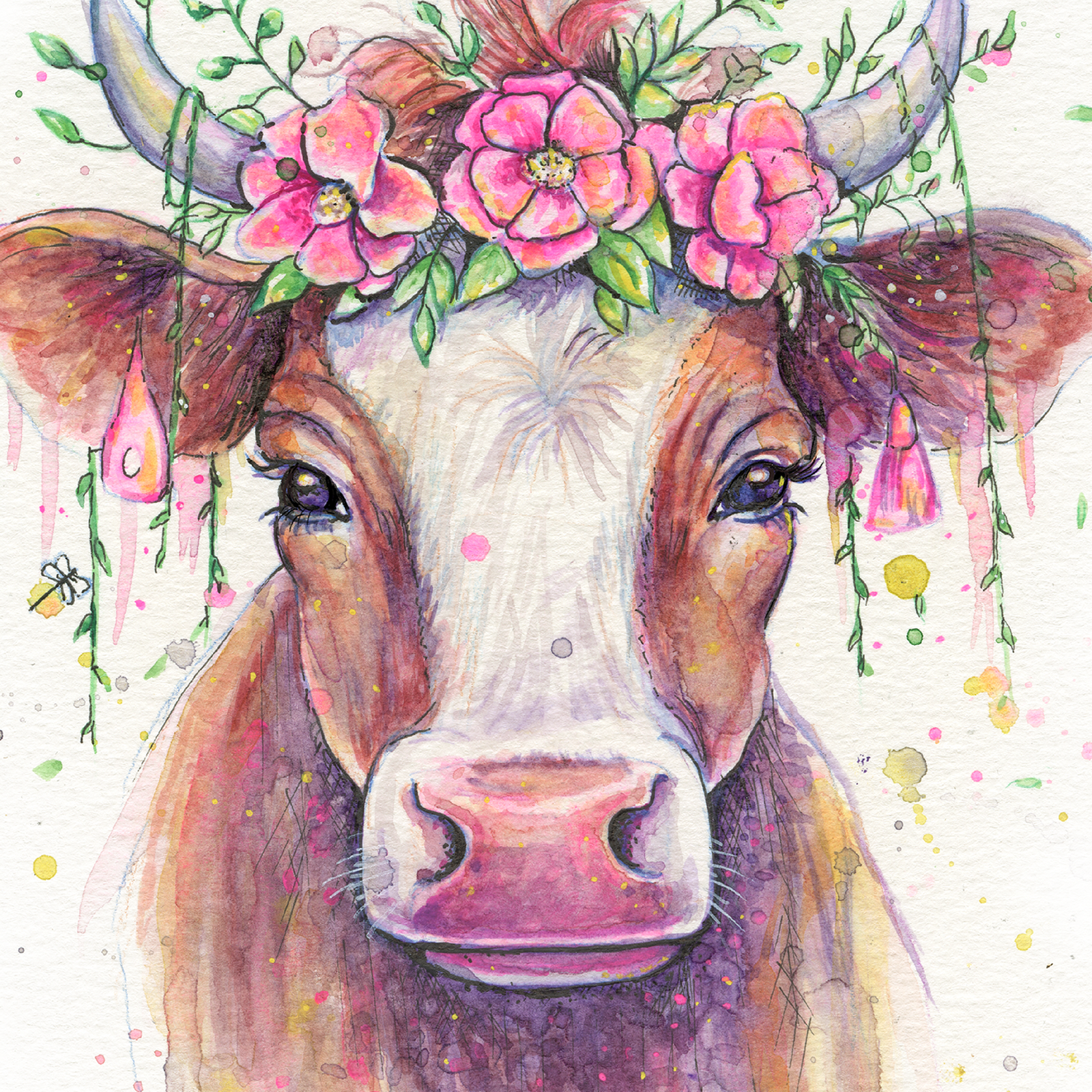 Aquarelle vache fleurie