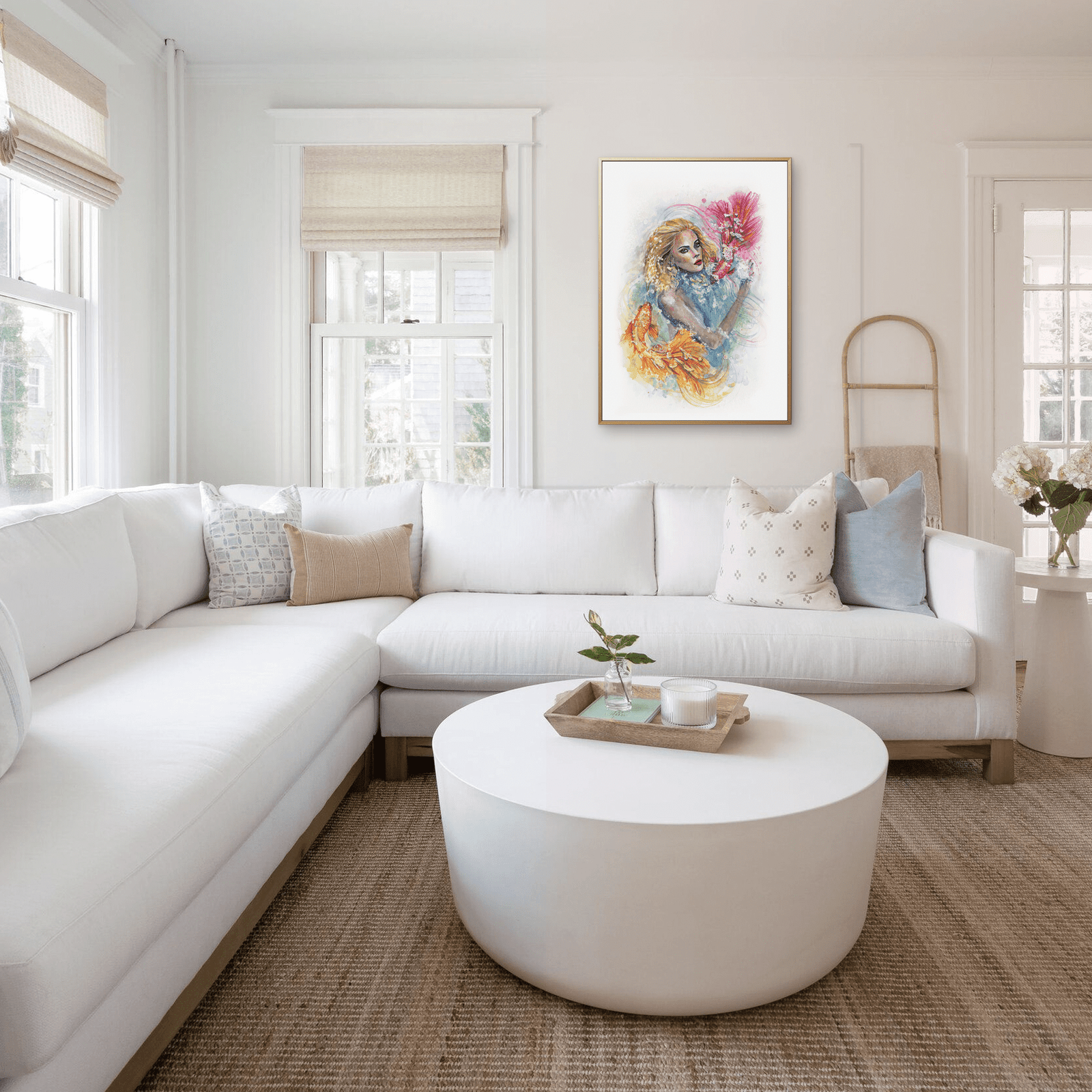 Affiche aquarelle murale femme et poissons encadrée