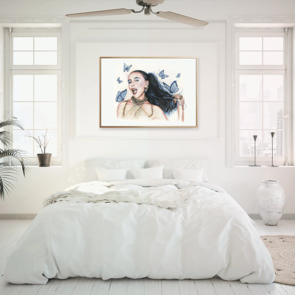 Affiche murale Dua Lipa et papillons encadrée – décoration aquarelle