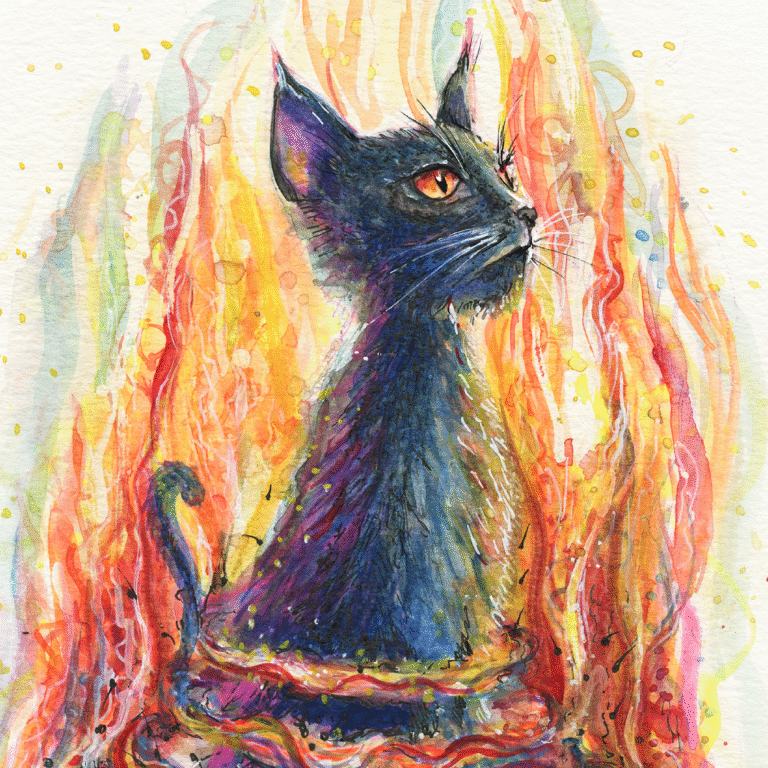 Aquarelle chat noir sur fond de flammes