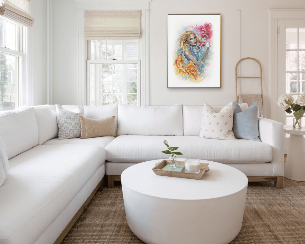 Affiche aquarelle murale femme et poissons encadrée