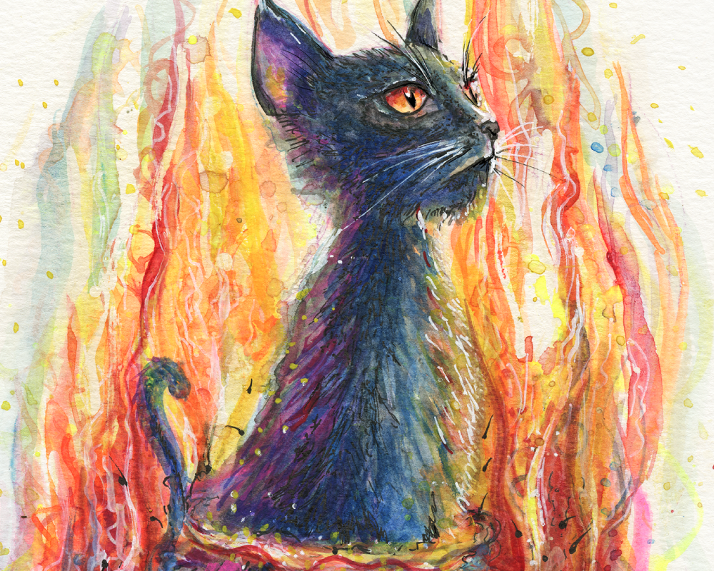 Aquarelle chat noir sur fond de flammes
